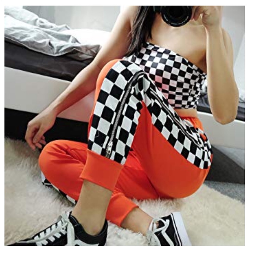 Orange and checker joggers with zippers